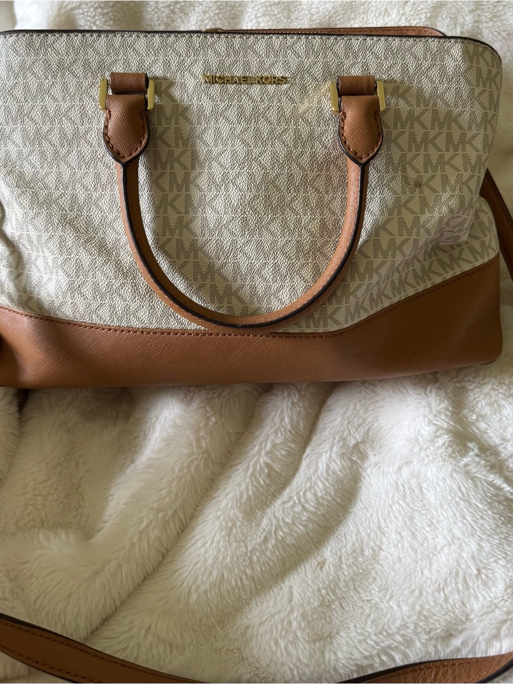 Michael Kors Cream Signature Canvas Satchel with Brown Trim